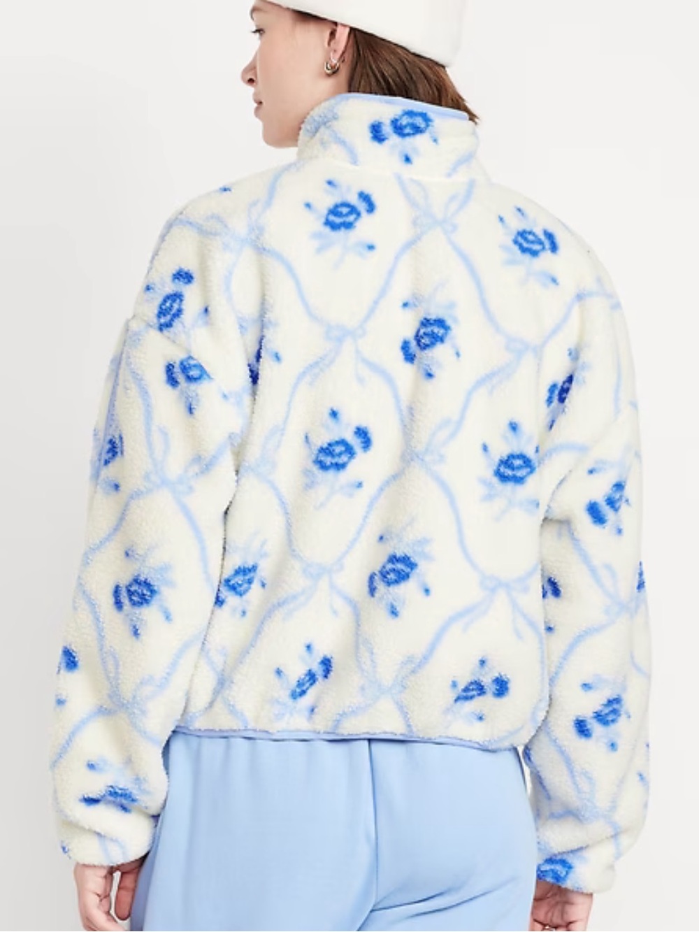 Cream and Light Blue Floral Sherpa Half-Zip Jacket- TALL - Picture 5 of 12